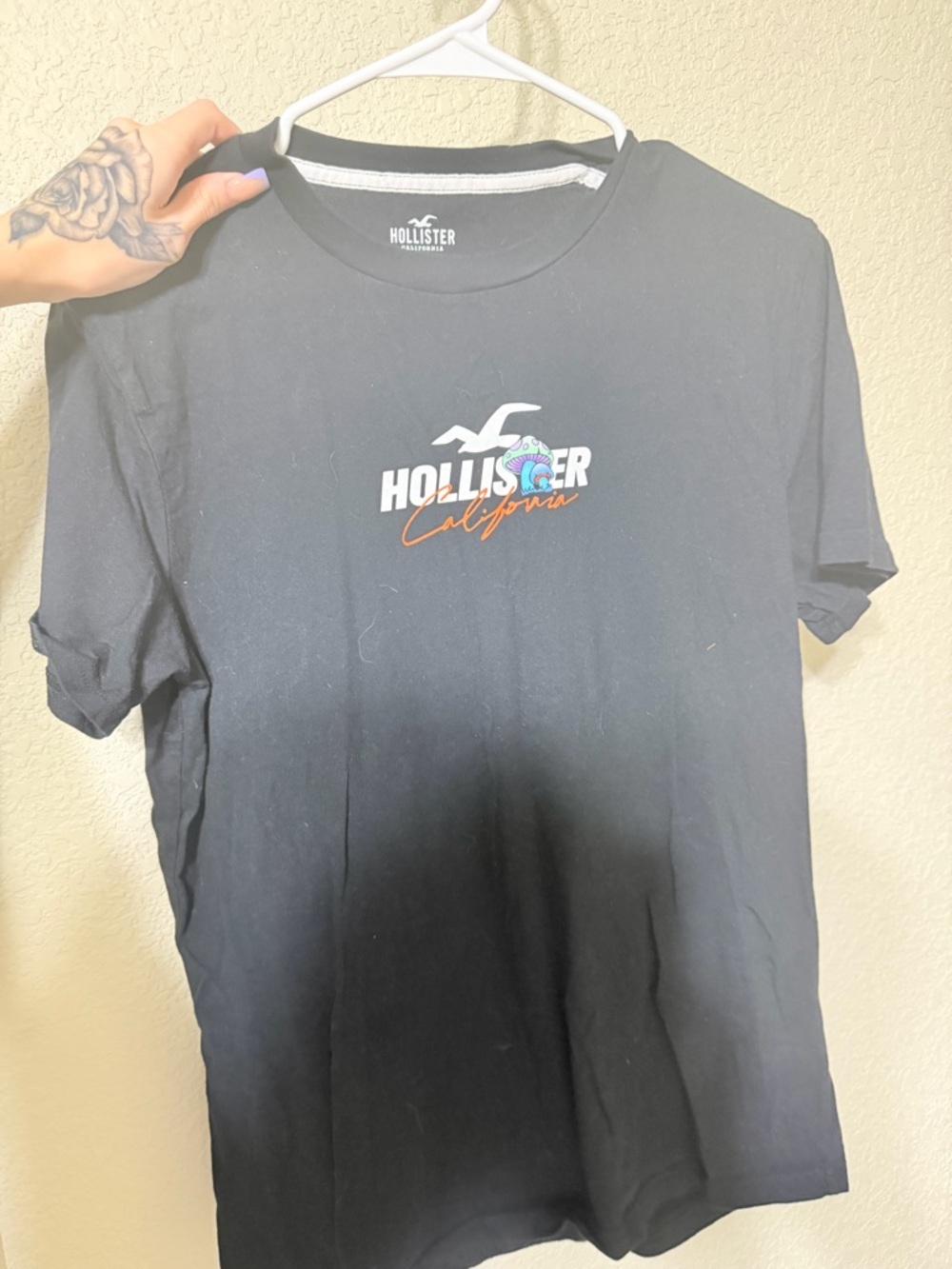 Hollister Black Tee with Multicolor Wave Logo